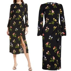 Reformation Reza Wrap Midi Dress Black Floral Long Sleeve Size 2